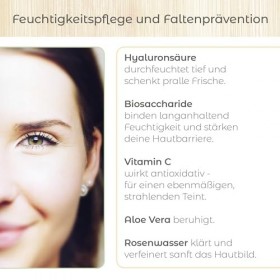 Olleeno BIO Crème hydratante pour le visage pour femme 50 ml avec acide hyaluronique, vitamine E + C, eau de rose et aloe ver