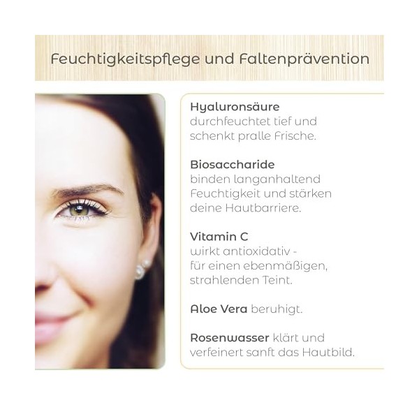 Olleeno BIO Crème hydratante pour le visage pour femme 50 ml avec acide hyaluronique, vitamine E + C, eau de rose et aloe ver