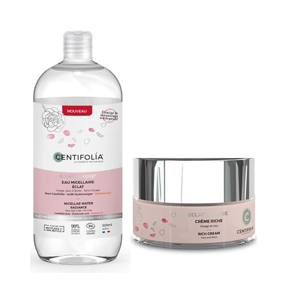 CENTIFOLIA | Eau Micellaire Eclat de Rose 500ML + Crème Riche Eclat de Rose 50ML | Idéal pour peaux déshydratées | Démaquille