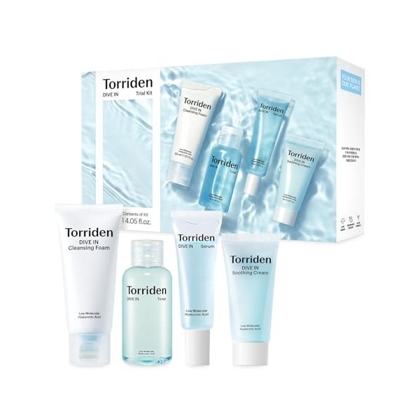 Torriden DIVE IN Kit de soins de la peau quotidiens à lacide hyaluronique, routine de soin en 4 étapes avec mousse nettoyant