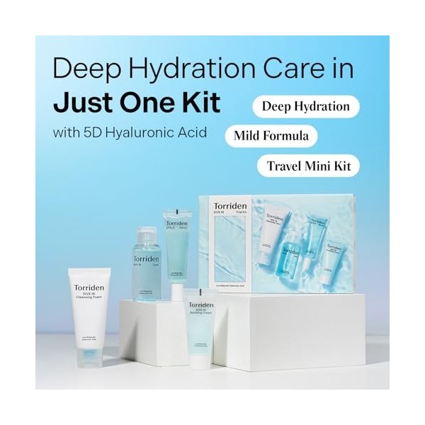 Torriden DIVE IN Kit de soins de la peau quotidiens à lacide hyaluronique, routine de soin en 4 étapes avec mousse nettoyant