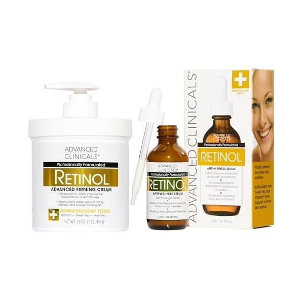 Advanced Clinicals Lot de 2 flacons de soin de la peau au rétinol 16 oz Spa Size Retinol Firming Cream and 1,75 oz Retinol Se