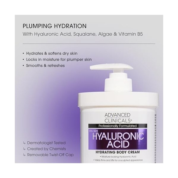 Advanced Clinicals Crème anti-âge à lacide hyaluronique pour le visage, le corps, les mains. Hydratation instantanée pour la