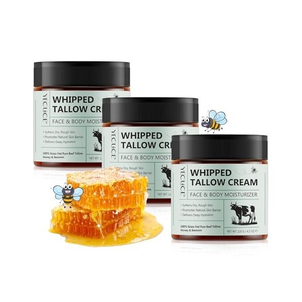 P-Beauty Lot de 3 crèmes de soin naturelles pour la peau avec suif de bœuf et miel – Crème hydratante pour le visage – Sans p...