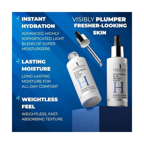 Afrodita Professional Sérum à lacide hyaluronique avec provitamine B5 - Booster dhydratation concentré pour le visage - Ému