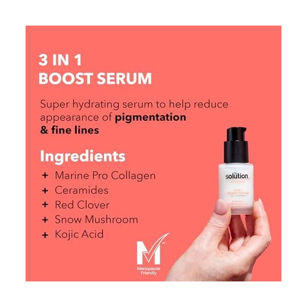 The Solution Menopause Sérum Boost 3 en 1 30 ml , testé dermatologiquement, soin de la peau anti-âge, sérum super hydratant 