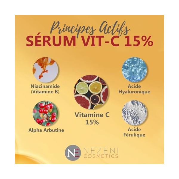 Sérum VITAMINE C 15% + 10% Niacinamide + Acide Hyaluronique – 7 principes actifs – FAIBLE CONSERVATEURS DLUO 2 ans fermé