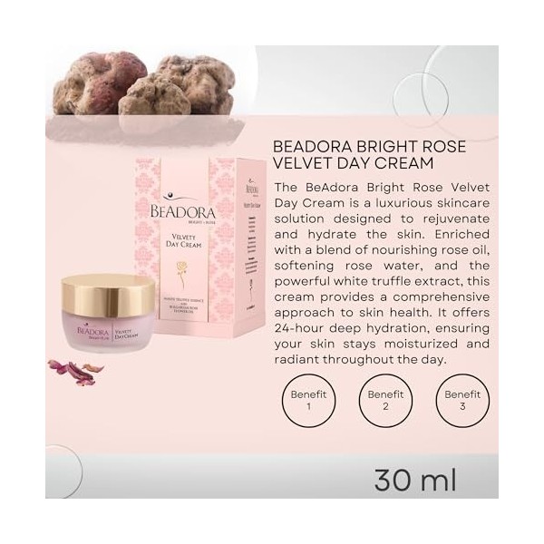 BeAdora Crème visage jour hydratante 50 ml – rose de Damas & truffe blanche, acide hyaluronique CUBE³ | hydratation 24 h, tex