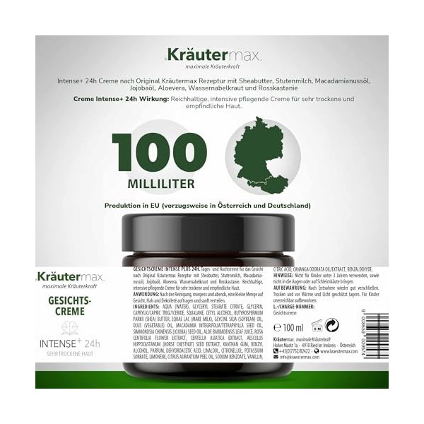 Kräutermax Intense Crème pour le visage – Soin intensif pour peaux très sèches – Crème de jour et de nuit 24 heures 1 x 100 m