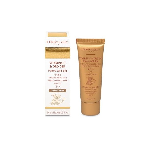 LErbolario - Crème Protection Visage - Vitamine C & Or 24K - Teinte Moyenne - 50 ml
