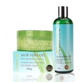 Ammuri Lot de 2 flacons de gel daloe vera bio et pot de 300 ml – Aloe vera 100 % pur pour soins de la peau et des cheveux – 