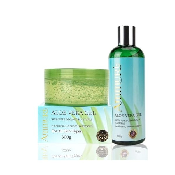 Ammuri Lot de 2 flacons de gel daloe vera bio et pot de 300 ml – Aloe vera 100 % pur pour soins de la peau et des cheveux – 
