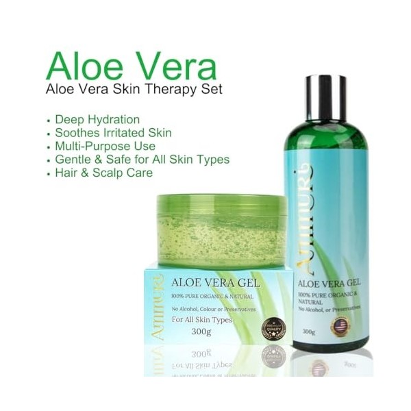 Ammuri Lot de 2 flacons de gel daloe vera bio et pot de 300 ml – Aloe vera 100 % pur pour soins de la peau et des cheveux – 