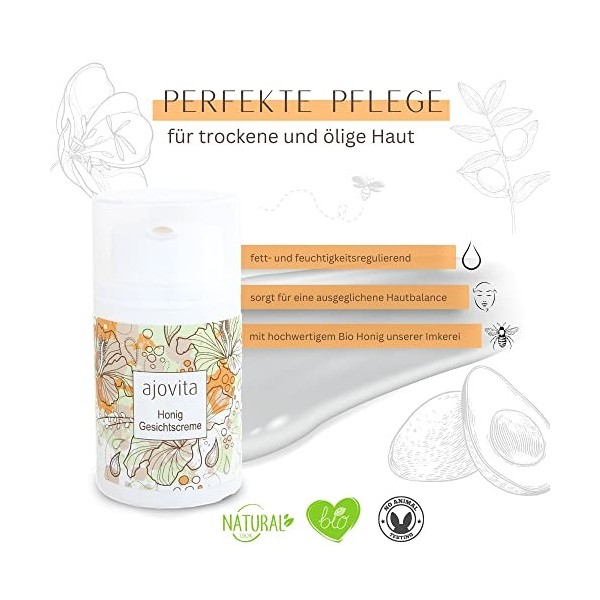 ajovita Miel Crème pour le visage 100 % naturelle et biologique, nourrissante et régulatrice dhumidité, 50 ml