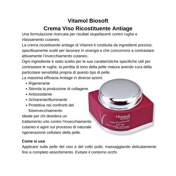 Vitamol Biosoft Crème Visage Reconstituante Anti-Âge Anti-Rides - Peaux normales ou sèches 50 ml