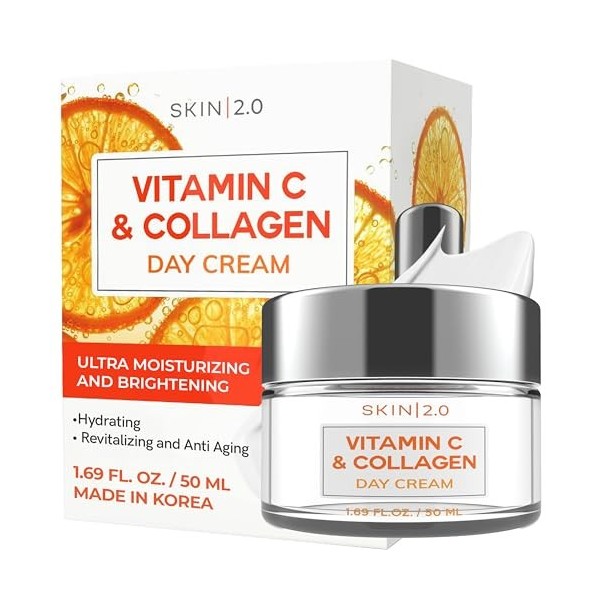 Skin 2.0 Hydratant visage à la vitamine C et au collagène - Anti-âge, raffermissant, éclaircissant, beauté pure, sans cruauté