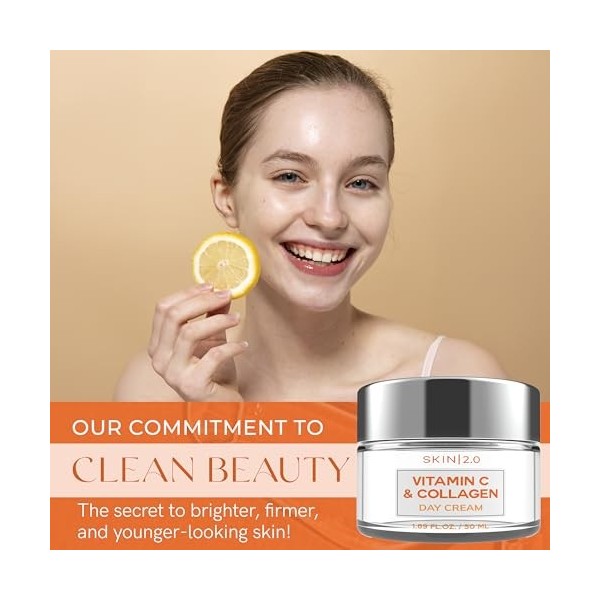 Skin 2.0 Hydratant visage à la vitamine C et au collagène - Anti-âge, raffermissant, éclaircissant, beauté pure, sans cruauté