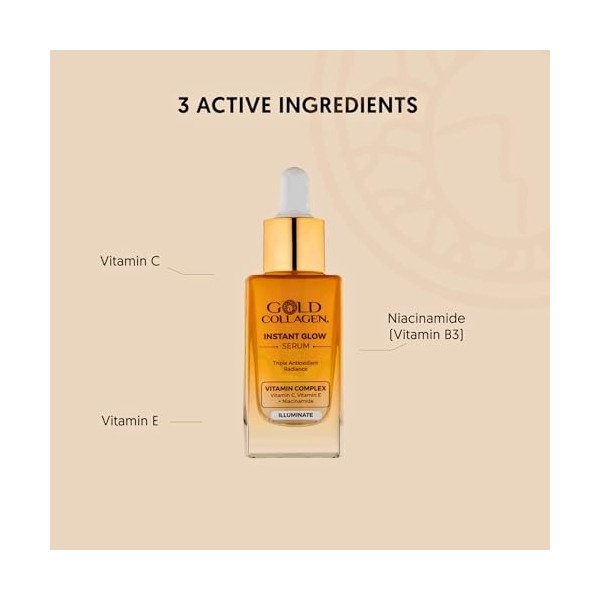 GOLD COLLAGEN Instant Glow - Sérum à la vitamine C et à la vitamine E - Triple action antioxydante - Sérum astringent pour le