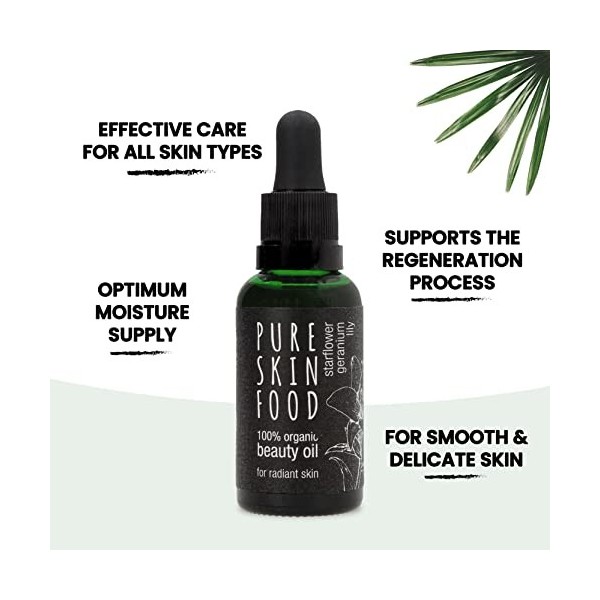 PURE SKIN FOOD Huile pour le visage bio pour une peau éclatante | Ingrédients certifiés 100% biologiques, végétalien et sans 