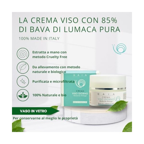 Greenlab Elicicoltura Crème Visage Bave descargot Pure 85% Gaia 50ml. Hydratant, Antiage, Apaisant, Nutritif, Étirer les rid