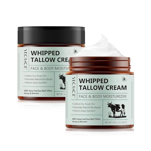 Beef Tallow Bio, Suif de Bœuf, Crème de Suif de Boeuf, Baume au Miel Et au Suif Nourri à Lherbe, Hydrate en Profondeur le Vi ...