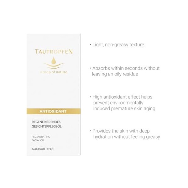 TAUTROPFEN Naturkosmetik Huile pour le visage, Huile de soin régénératrice pour tous les types de peau, 35 ml
