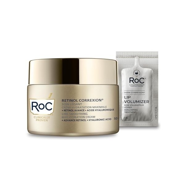 RoC Retinol Correxion Line Smoothing Max Hydration | Crème visage à lacide hyaluronique, hydratant anti-rides | 50 ml + paqu