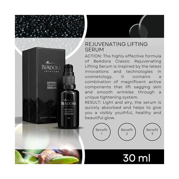 BeAdora – Sérum liftant anti-rides visage 30 ml – anti-âge, fermeté, élasticité | EPS Seafill + Lakesis + Cube³ hyaluronique 