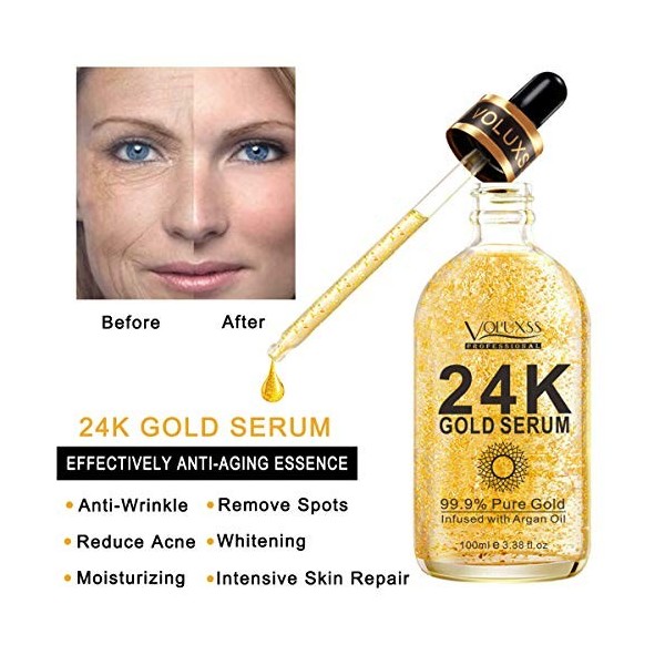 Sérum à lor pur 24 carats pour le visage - Meilleur sérum anti-âge pour femme - Acide hyaluronique infusé et huile dargan -