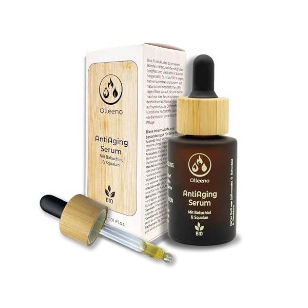 Olleeno Sérum anti-âge bio 30 ml avec rétinol naturel et squalane - Sérum hydratant pour le visage