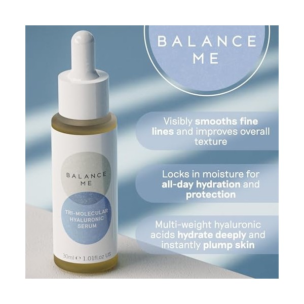 Balance Me Sérum hyaluronique trimoléculaire 30 ml, sérum anti-âge pour peaux matures, avec aloe vera pour soutenir lhydrata