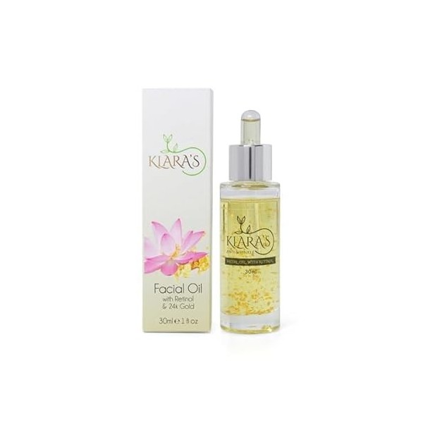 Klara Skincare Huile visage revitalisante au rétinol avec flocons dor 24 carats, formule anti-âge, huile sèche, tous types d