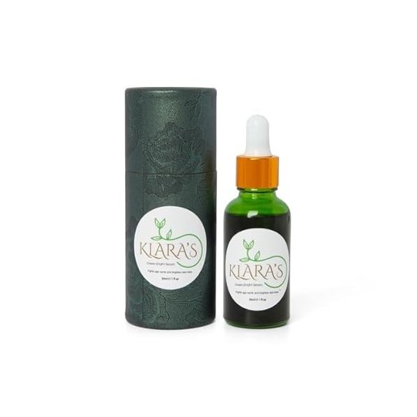 Klara Skincare Green Bright Serum, bisabolol & Dimethyl Methoxy Chromanyl Palmitate, Traitement éclaircissant anti-âge, tache