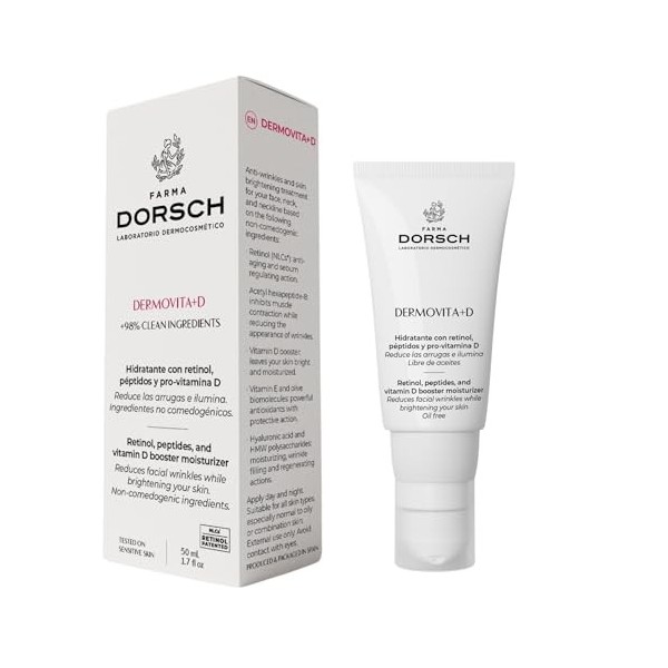 FARMA DORSCH - Hydratant Visage Femme Anti-âge Huile FREE Dermoite + D. Rétinol. Peptides, Pro Vitamine D. Crème anti-rides f
