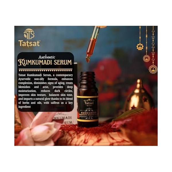 TATSAT - WELLNESS THROUGH AYURVEDA Sérum ayurvédique certifié Kumkumadi avec huile Kumkumadi authentique avec 30 % de safran 