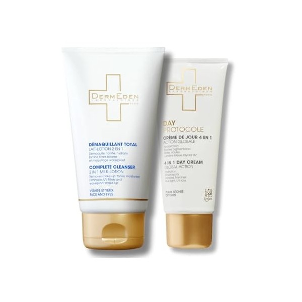 Laboratoires DermEden Protocole AntiAge Jour Peau Sèche - Crème 4en1 et Démaquillant Total Lait - Fabrication Française