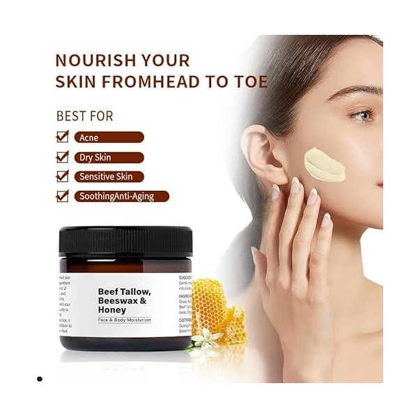 Crème hydratante pour le visage au suif de bœuf et au miel pour le visage et le corps Crème hydratante au suif de bœuf biolog