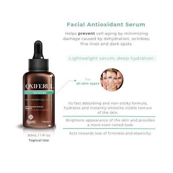 Floretti Oxiferul | Sérum facial à lacide férulique 0,25 % | Avec acide hyaluronique et vitamine C | 30 ml - 1 fl oz