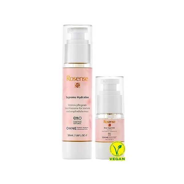 Rosense Duo pour peaux sèches/sensibles : crème hydratante pour le visage 50 ml avec acide hyaluronique, sérum pour les yeux 