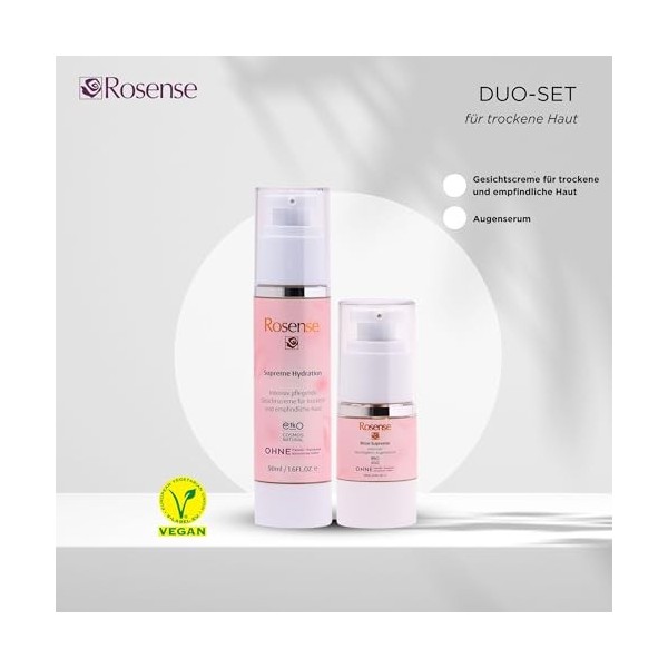 Rosense Duo pour peaux sèches/sensibles : crème hydratante pour le visage 50 ml avec acide hyaluronique, sérum pour les yeux 