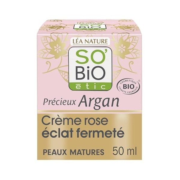 SOBIO - Crème Rose Éclat Fermeté à lArgan pour Peaux Matures - 50ml - Soin Visage Naturel et Bio pour une Peau Raffermie, L