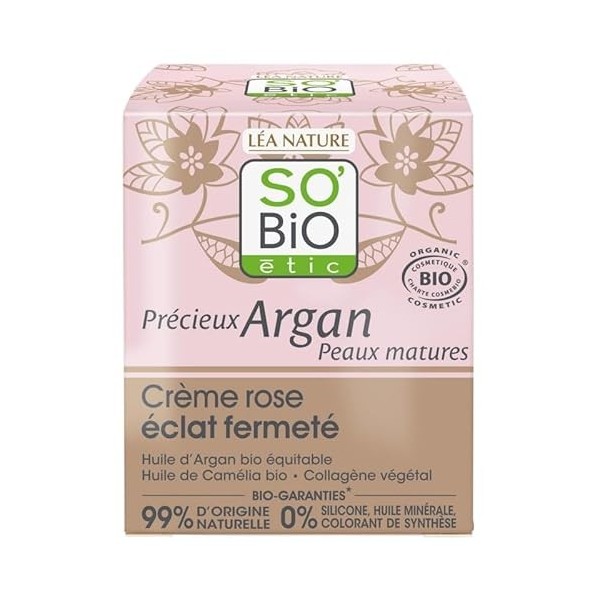 SOBIO - Crème Rose Éclat Fermeté à lArgan pour Peaux Matures - 50ml - Soin Visage Naturel et Bio pour une Peau Raffermie, L