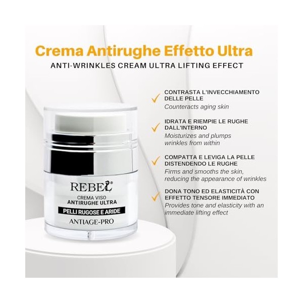 Rebel Antiage Pro – Crème visage à action anti-rides ultra-puissante | Soin anti-ride et anti-âge jour et nuit | Traitement i