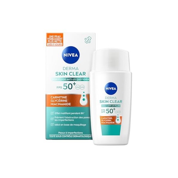 NIVEA - Soin Visage Fluide Anti-UV Derma Skin Clear FPS50+ - Matifie La Peau - Prévient LObstruction Des Pores & Les Imperfe ...