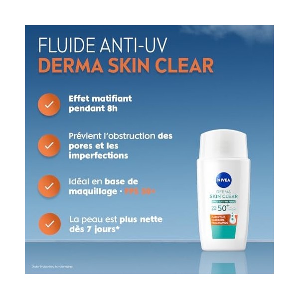NIVEA - Soin Visage Fluide Anti-UV Derma Skin Clear FPS50+ - Matifie La Peau - Prévient LObstruction Des Pores & Les Imperfe ...