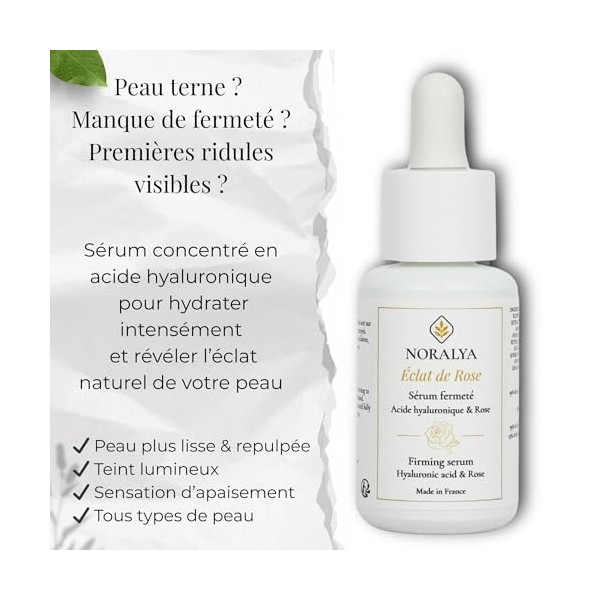 Noralya - Sérum Visage Acide Hyaluronique & Rose Bio - Hydratant & Anti-âge - Peau Plus Lisse & Repulpée - 99% dingrédients 