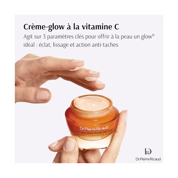 Dr Pierre Ricaud Crème-Glow Éclat Lissage Anti-Taches - Creme pour le Visage à la Vitamine C - Soin Éclat pour Femme, Anti Ta