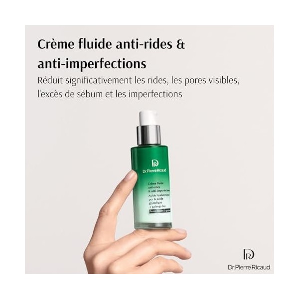 Dr Pierre Ricaud Crème Fluide Anti-Rides & Anti-Imperfections - Creme pour le Visage à lAcide Hyaluronique, Acide Glycolique
