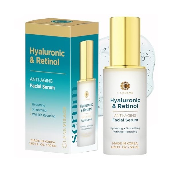 Clear Visage Sérum à lacide hyaluronique et au rétinol – Traitement revitalisant et anti-âge coréen pour un teint éclatant e