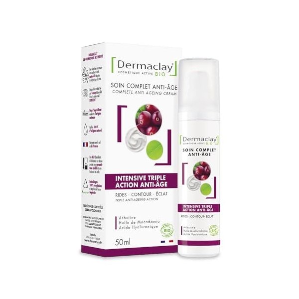 SOIN COMPLET ANTI-AGE TRIPLE ACTION RIDES CONTOUR ECLAT BIO 50 ml DERMACLAY Crème Jour et Nuit